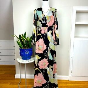 LULU’S Wondrous Water Lillies Long Sleeve Dark Floral Print Maxi Dress High Slit